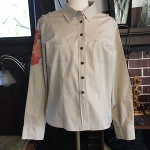 Garnet Hill Cream Color Button Down Shirt w/ Floral Appliqué, US Size 14